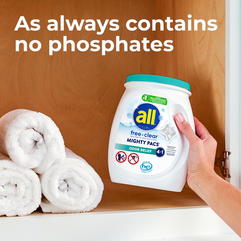 All Mighty Pacs Laundry Detergent Free Clear Odor Relief, Tub,
