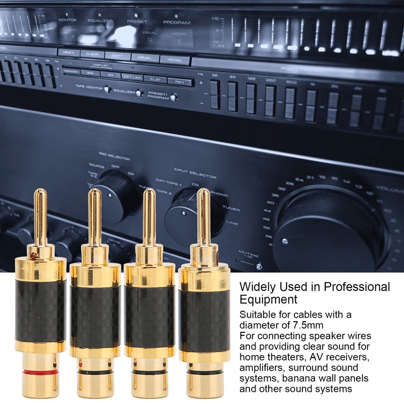4Pcs Banana Plug Brass Gold Plated Black Carbon Fiber Shell