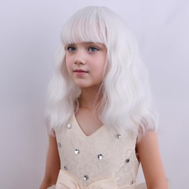 DUDUWIG White Wig for Girls Kids Short White Wavy Curly Synthetic Wig with Bangs for Children