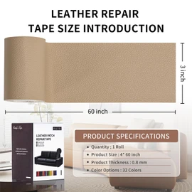 Leather Repair Patch Tape, Dark Beige 3 x 61 Inches Self Adhesive Leather Repair Kit for Furniture, Car Seat,Vinyl Leather Repair Kit for Office Chairs,Couch,Sofa, Luggage