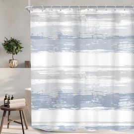 KOMLLEX Abstract Striped Shower Curtain Modern Aesthetic Minimalist Geometric Simple Neutral Watercolor Painting Fabric Waterproof Polyester 12 Pack Hooks Blue Grey 60Wx72H Inches Bathroom Decor