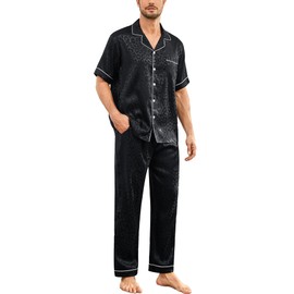 SWOMOG Mens Silk Pajamas Set Satin Pj Set Short Sleeve Sleepwear Button Down Lounge Set with Drawstring & Pockets S-3XL Black Leopard X-Large