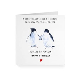 When Penguins Find Their Mate Happy Birthday - Cute Watercolour Penguin I Love You - Red Heart Animal Greeting Card For Him Her Boyfriend Girlfriend Husband Wife The One I Love - B813