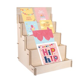 PATIKIL Greeting Card Display Stand, 4 Tiered Sticker Display Holder Portable Postcard Display Stand Wooden Greeting Card Display Rack for Card Photo, 15 x 14.6 x 20.5, Beige