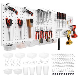 FZK Peg Board, 74PCS Metal Pegboard Wall Organizer Kit. Heavy Duty Pegboard, Peg Boards, Pegboard for Walls, White Pegboard for Garage Craft Room Workbench Office Kitchen Tool Organization, 24 * 24