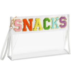 Remerry Clear Chenille Letter Makeup Bag Stand up Snack Bags Preppy Cosmetic Pouch Expandable Clear Travel with Wrist Strap Zipper Portable Multipurpose PVC Nylon for Women Travel(White,Snack)