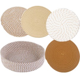 8 Inch Trivets for Hot Dishes, Heat Resistant Hot Pot Holders，4 Pcs Heat Resistant Hot Pads with Storage Basket,Suitable as Pot Holders for Kitchen, Hot Plate Mats for Kitchen Countertops (Khaki)