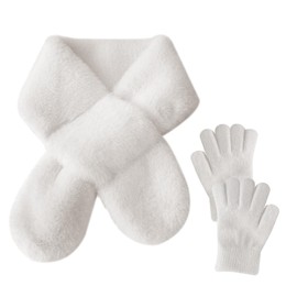 SwirlColor Girls Scarf and Glove Set, White Cute Plush Thermal Scarf and Gloves for Girls Kids Winter Warm Accessory Set Aged 3-8