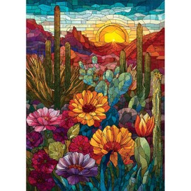 500 Piece Puzzles for Adults, Stained Glass Desert Landscape Jigsaw Puzzle for Adult, Colorful Cactus and Mountain Scene Puzzles, Challenging Game Gift for Nature Lover, Home Decor 20.5 x 15 in