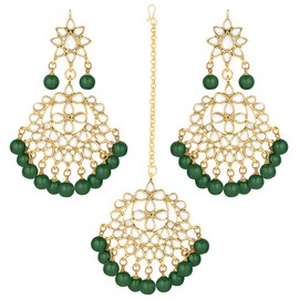 Aheli Beautiful Indian Traditional Wedding Faux Kundan Beaded Maang Tikka with Earrings Set for Women Ethnic Fashion Jewelry (Green)