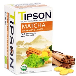 Tipson Organic Matcha Green Tea - Organic Cinnamon And Organic Ginger - 25 Foil Enveloped Double Chambered Bags - Antioxidant Benefits - Energy Supplement - Keto/Paleo