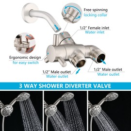 PDPBath Brass 3 Way Shower Arm Diverter Valve for Handheld Shower Head and Fixed Shower Head, G1/2 Universal Connection - Brushed Nickle