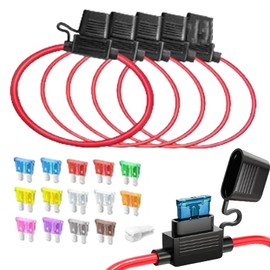 Pack of 5 12 (1) + 16 AWG (4) Fuse Holder with Wire for Car Truck, Inline Blade Fuse Waterproof Holder 12 V, with 14 Piece Standard Medium Blade Fuses (2A, 3A, 5A, 7.5A, 10A, 15A, 20A, 25A, 30A, 35A)