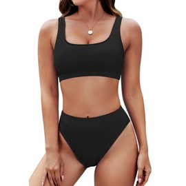 Pink Queen Women's Crop Top Bikini Set 2-Piece High Waist Cut Push Up Padded, black