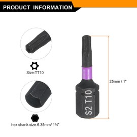sourcing map 2pcs TT10 Torx Screwdriver Bit 1/4" Hex Shank 25mm/1" Length Magnetic Star 6 Point Head Hex Bits S2 Steel Screw Driver Bit with Hole Industrial Grade Electric Drill Bits