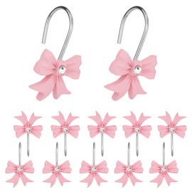 12pcs Pink Bow Knot Shower Curtain Hooks, Decorative Bathroom Curtain Rings Resin Shower Rings Pink Shower Hooks Hangers for Bathroom Baby Room Nursery Art Decors