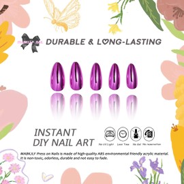 Rose Pink Chrome Press on Nails Medium Almond, MABKJLF Mirror Metal Stiletto Fake Nails Acrylic Nails with Bling Design, Fall Winter Glue on Nails for Daily Party Wear, False Nails Press ons in24 PCS