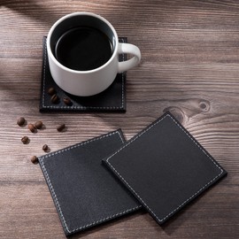 Drink Coasters PU Leather Coaster Black Cup Pad Square Coffee Drink Mat for Home and Bar Set of 6 with Holder