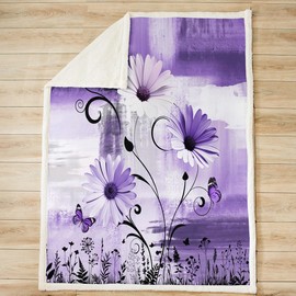 Rustic Floral Bed Throws,Farm Daisy Flowers Butterfly Country Throw Blanket for Kids Boys Gift, Purple Abstract Art Graffiti Lightweight Sherpa Blanket for Sofa, Baby Size (30 x 40 Inch)
