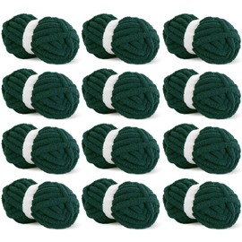 HOMBYS Dark Green Chunky Chenille Yarn for Crocheting, Bulky Thick Fluffy Yarn for Knitting,Super Bulky Chunky Yarn for Hand Knitting Blanket, Soft Plush Yarn, 12 Jumbo Pack (27 yds,8 oz Each Skein)