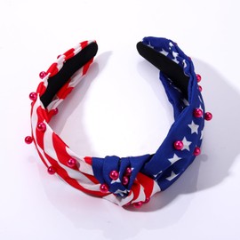 4th of July Headband American Flag Crystal Star Knottted Headband for Women Fourth of July Patriotic Headband Headpiece Red White and Blue Stripe Top Knot Wide Hairband Party Favor Gift (red white blue Stripe headband)