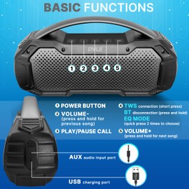 Pyle Portable Wireless Bluetooth Loud Streaming Speaker w/Deep Bass Hands-Free Microphone w/TWS Stereo Sound Function - IPX6 Waterproof Outdoor Speaker, 8H Playtime, AUX, BT Range 32+ ft - PCMPSB1BK