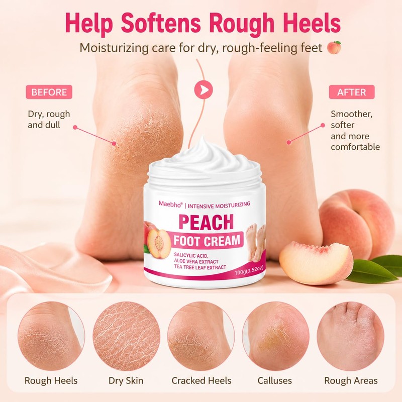 Peach Foot Cream for Dry Rough Feet, Moisturizing Heel Cream
