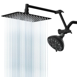 All Metal Shower Head, 10" High Pressure Dual Rainfall/Handheld Shower Head Combo with 16" Adjustable Shower Extension Arm, 7 Spray Modes Fixed Showerhead, 3-Way Diverter Valve, Matte Black