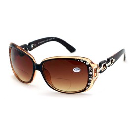 V.W.E. Oversized Rhinestones Women Bifocal Reading Sunglasses Reader Glasses Vintage Outdoor (Brown, 2.00)