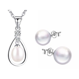 Yumilok Women's Necklace Chain with Pendant Pearls Tear Drop Cubic Zirconia Stud Earrings Hoop Earrings 925 Sterling Silver Jewellery Set for Women Girls, Sterling Silver