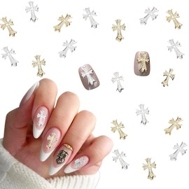 20 pcs 3D Cross Alloy Nail Charms Gems Diamond Alloy Crystal Rhinestones Nail Decor for Acrylic Nail Art DIY Nail Designs（Gold and Silver）