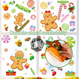 Christmas Window Clings Holiday Window Clings Winter Decorations Indoor 111pcs Cartoon Gingerbread Man Candy Cane Christmas Gel Window Clings Decorations for Candyland Party Decorations