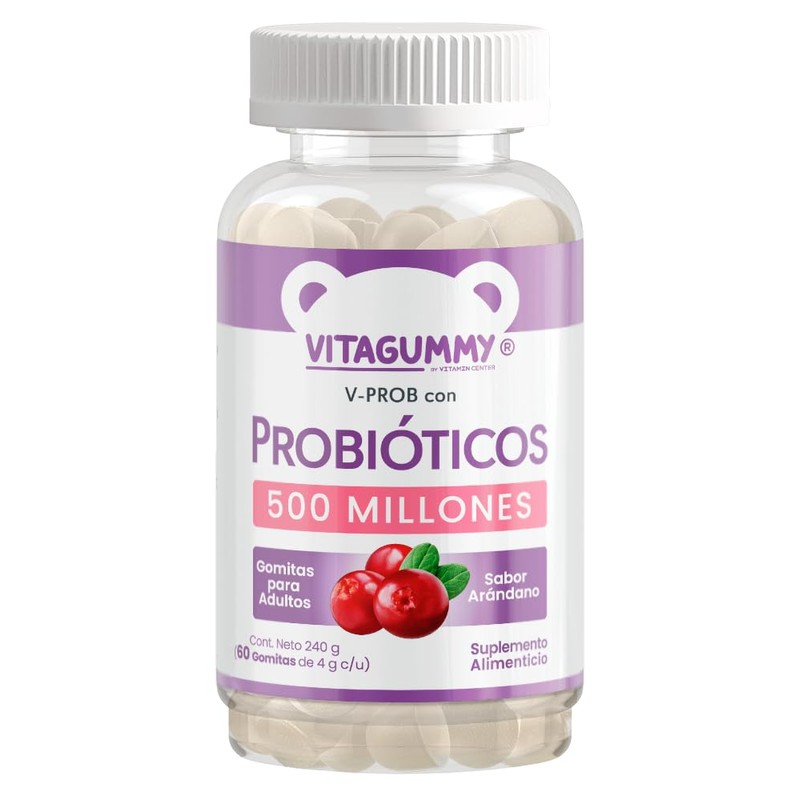 Gomitas V-PROB con probioticos sabor arandano, frasco con 60 gomitas