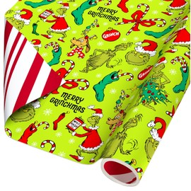 American Greetings Grinch Christmas Wrapping Paper Roll for Kids, Green and Red Holiday Gift Wrap (40 sq. ft., 1 Reversible Roll) Merry Grinchmas, Max, Grinch Christmas Tree