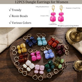 COLOYAN Juego de 12 pares de aretes colgantes de resina multicolor, chapados en oro, aretes geomtricos cuadrados de acrlico, aretes bohemios para mujer, joyera de da festivo para uso diario