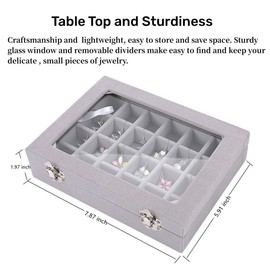 GymRichy 24 Grid Velvet Glass Jewelry Box Organizer Rings Earrings Tray Display Storage Case for Women Girls (Grey)