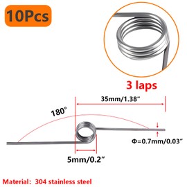 Qrity 10PCS 304 Stainless Steel Small Torsion Spring, Straight Torsion Spring, 0.7mm Wire Diameter Mechanical Torsion Springs, 5mm OD, 3 laps, 180° Deflection