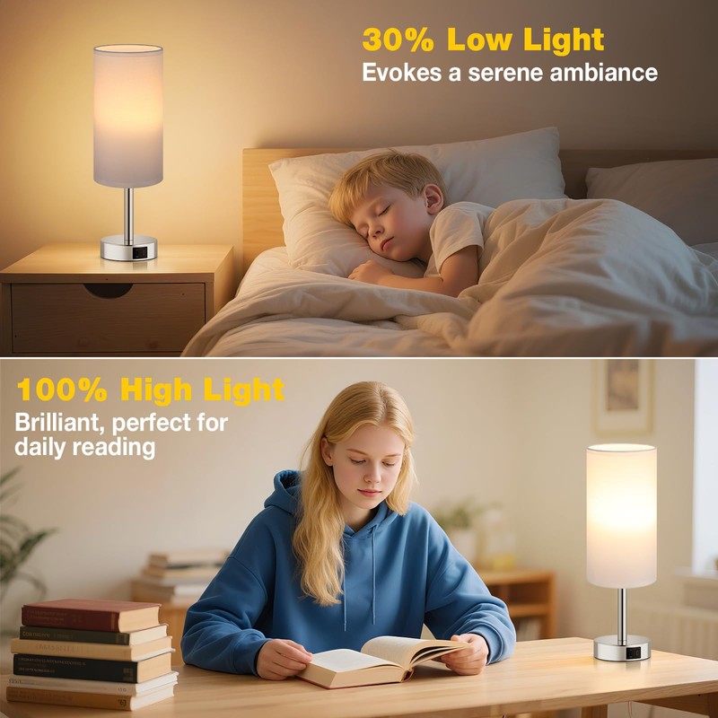 Aooshine Touch Lamps, Table Lamps with White Shade, Silver Base(Bulb
