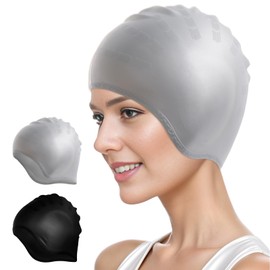 DIELOVEHUA Swimming Cap, Ear Protection, 3D, Waterproof Swimming Cap, Elastic Swimming Caps, Soft Durable Swimming Cap, Swimming Cap for Men and Women (Black/Grey)