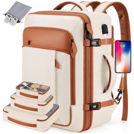 42L Laptop Backpack, Carry-on Approved Bag for Men & Women, Waterproof Luggage with Packing Cubes, Shoe Pocket, Personal Item Size for Flights Travel Organize - Color: Beige