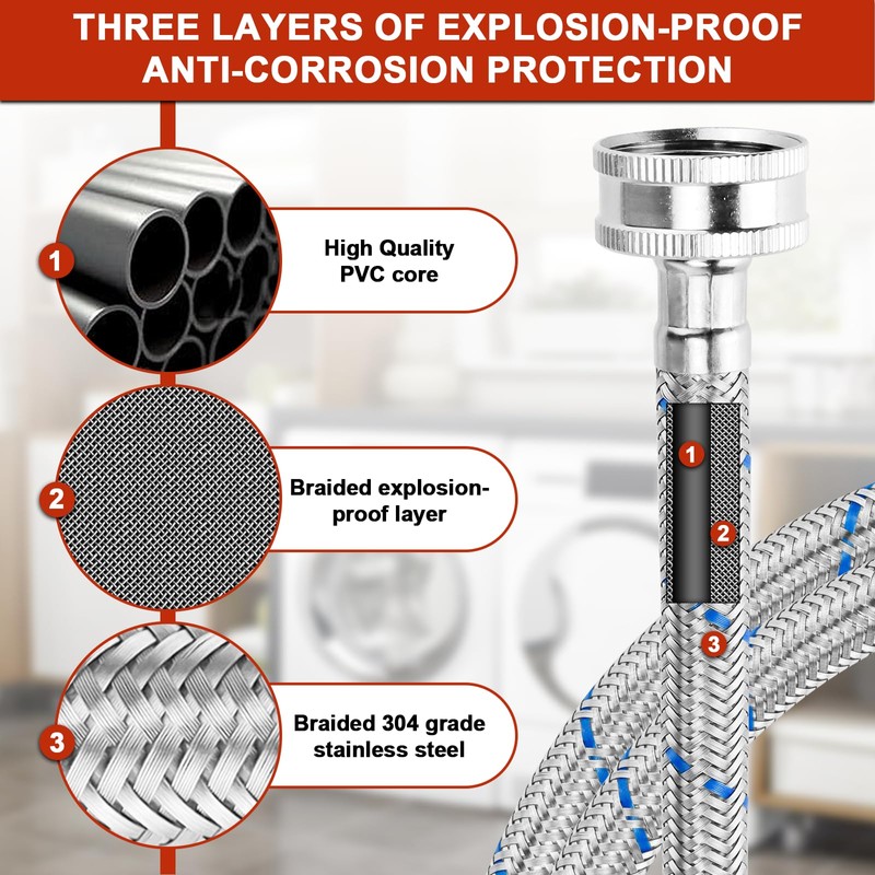 【UPGRADE】4FT Washing Machine Hoses with 90 Degree Elbow Premium Stainless