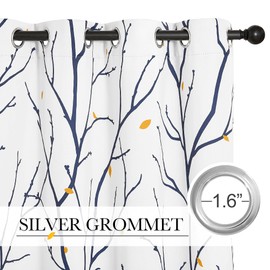 NICETOWN Navy Blue Branch White Curtains for Half Windows 63" L, Grommet Top Thermal Insulated Room Darkening Tree Curtains with Elegant Petal Rain for Bedroom/Living Room, 2 Panels=104" W