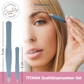 TITANIA® Pinzetten-Set – Rostfreie Zupfpinzette mit schräger Spitze + Spitzpinzette – Präzise Edelstahl-Pinzetten für Augenbrauen, eingewachsene Haare & Splitter, Blau