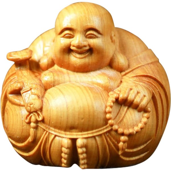 WOWTAC Hotei Seven Lucky Gods Boxwood Hotei Mini Hand Carved Lucky Charm Figurine Buddha Statue Wood Carving Seven Lucky Gods Figurine Money Luck Amulet Rising Fortune