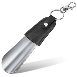 ZOMAKE Shoehorn with Key Holder, Mini PU Handle, Stainless Steel, Stylish, Short, Durable, Compact, Portable, For Men, Women, Kids, Elderly, Black