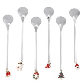 6pcs Christmas Stirring Spoons, 6 Style Stainless Steel Christmas Tea Coffee Spoons with Kawaii Santa Claus Xmas Tree Bell Wreath Stocking Elk Pedant for Drinks Dessert Xmas Party Favor