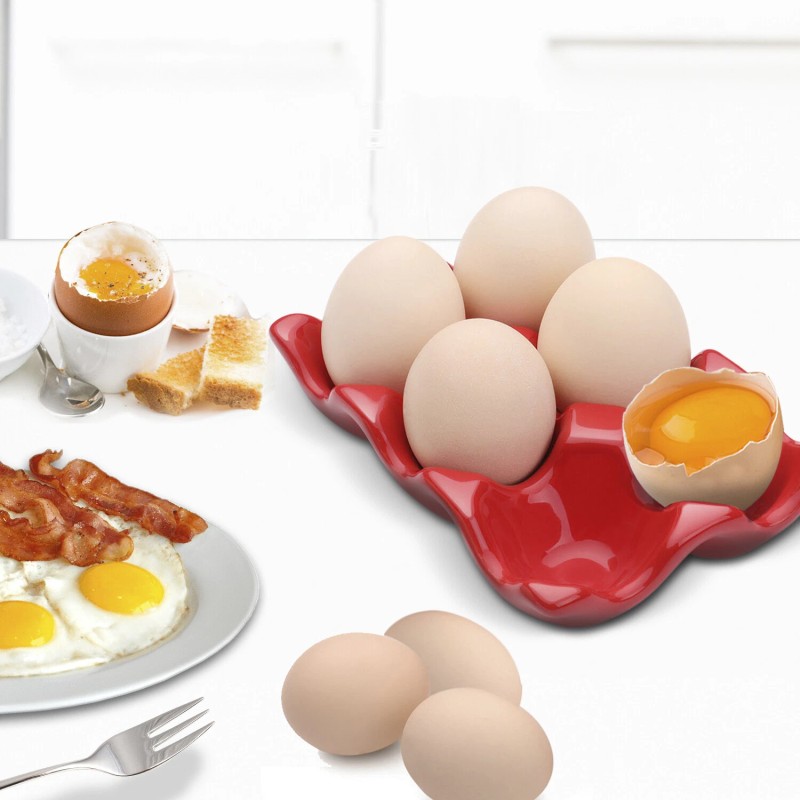 Ceramic Egg Tray 6-Cup Egg Holder Container for Fridge (Red,