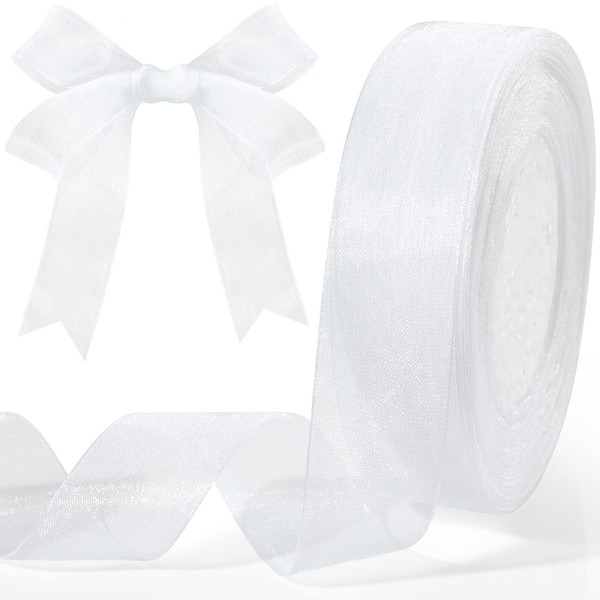 Shimmer Sheer Organza Ribbon Gift Wrapping Ribbon Sheer Chiffon Ribbon Tulle Ribbon Mesh Ribbon (White, 1 Inch Wide 50 Yard Long)