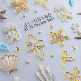 5D Embossed Ocean Nail Art Stickers Self-Adhesive Hibicus Flower Nail Decals Cute Shell Starfish Nails Design Summer Hawaii Flower Nails Supplies Jellyfish Sticker Beach Decor for Women Manicure DIY