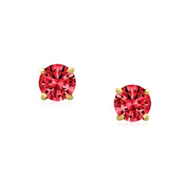 Minimalist Tiny Cubic Zirconia Red Simulated Garnet CZ Round Solitaire Stud Earrings Real 14K Yellow Gold Screw Back 4MM